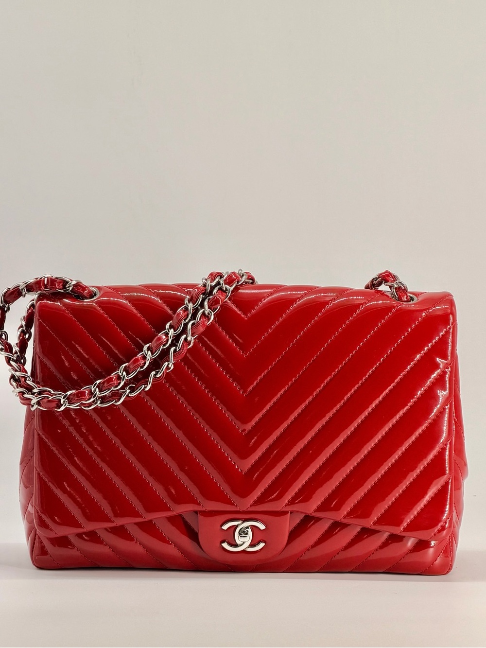 Chanel Patent Maxi Chevron Single Flap Shoulder Bag Red